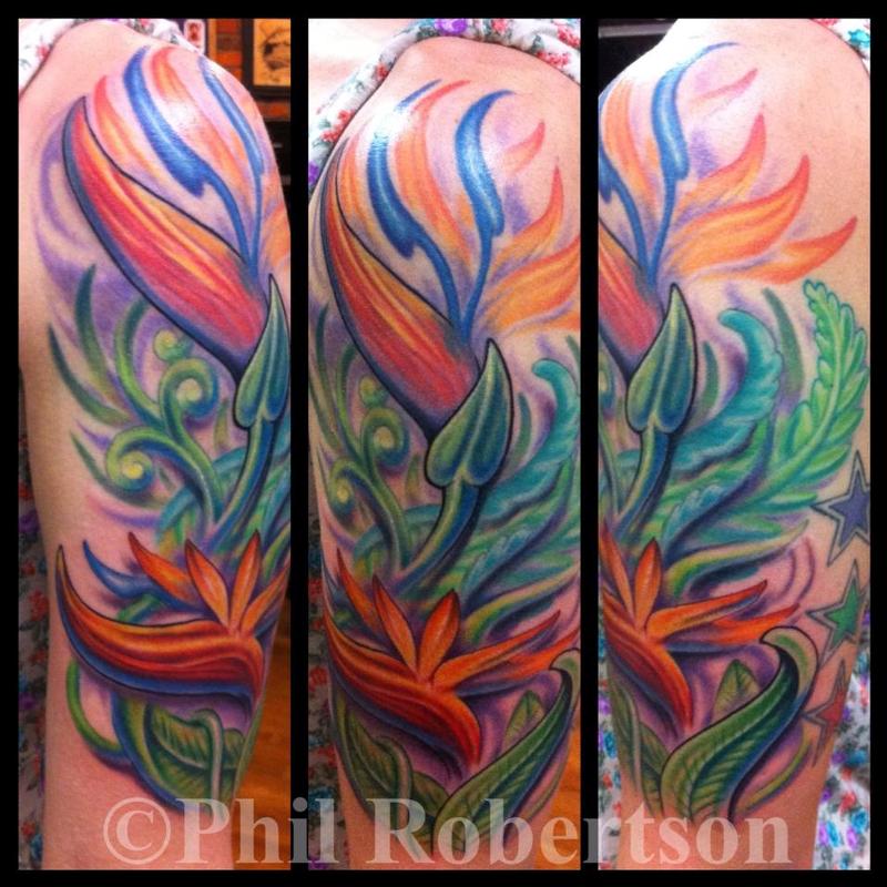 Neon Dream Tattoos Feminine Bird of paradise flowers color tattoo